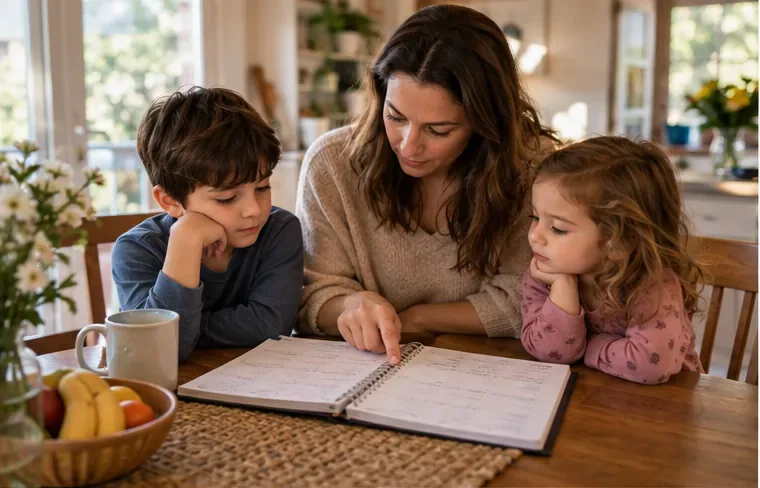 A caregiver and two children look at a paper planner together at a table