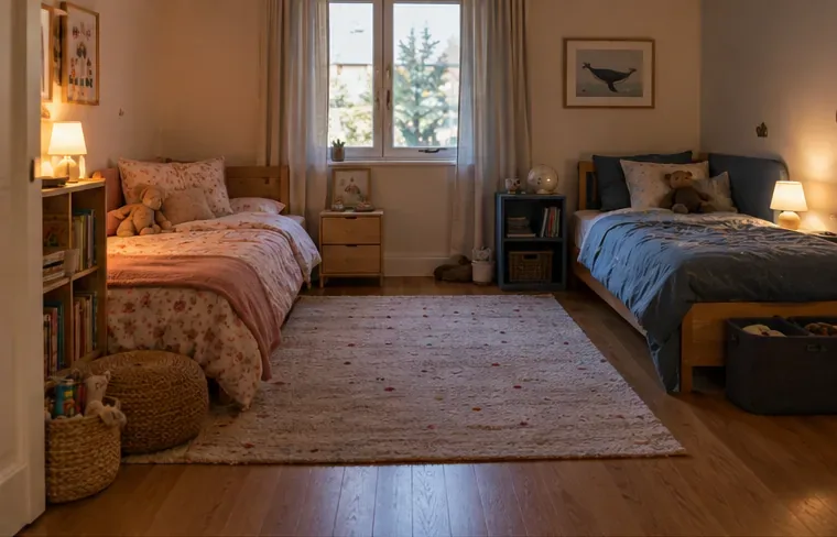 A shared bedroom with two separate single beds, each with its own bedding and bedside storage