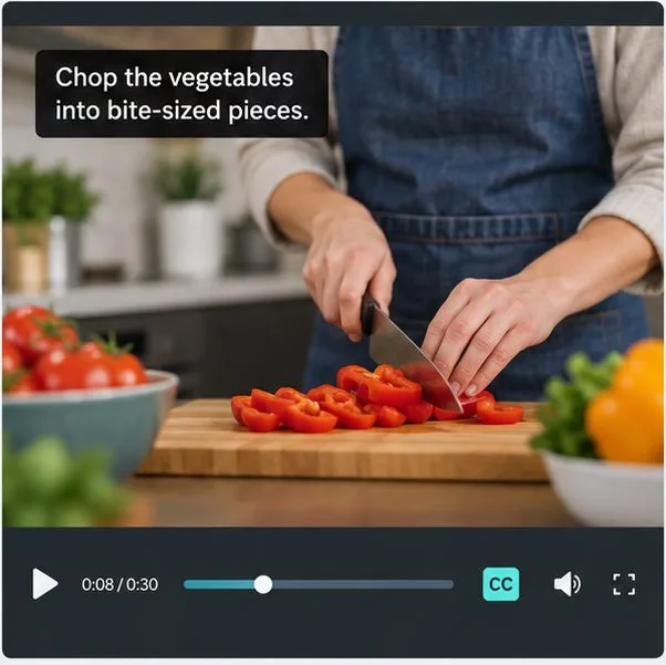 A cooking video shows the caption 'Chop the vegetables into bite-sized pieces.' above a person’s hands cutting vegetables.