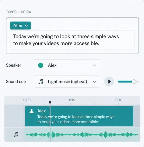 A generic caption editor shows a speaker labeled Alex, a light-music cue, caption text, and an audio waveform.