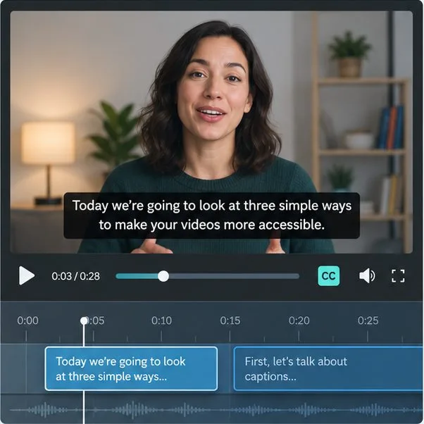 A presenter speaks above a two-line caption in a video preview, with caption clips arranged on a timeline below.