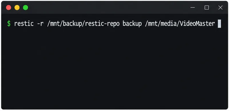 A dark terminal window shows a Restic backup command for the VideoMaster folder and the selected repository.