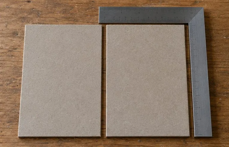 Two square cardboard panels aligned beside each other with a narrow even gap and a metal square checking the edges.