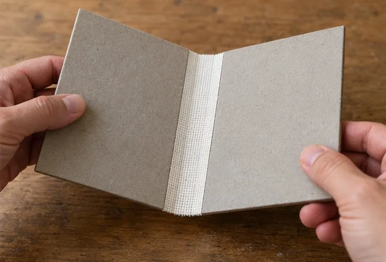 A finished cardboard hinge is held open by hand, showing the woven fabric bridge bending between two rigid panels.