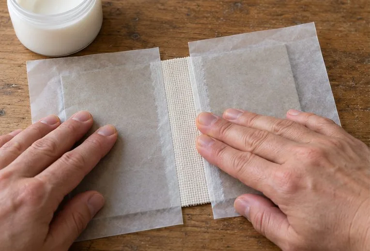 Hands smooth a woven cloth strip over the joint between two cardboard panels, with release paper protecting the surfaces.
