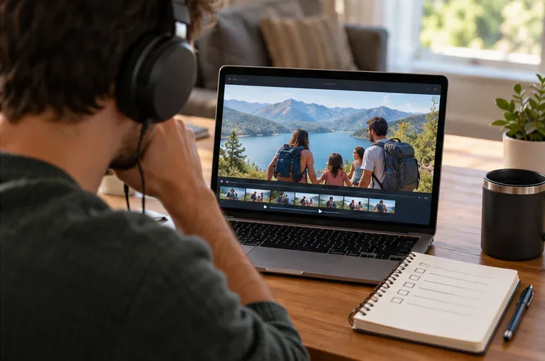A person wearing headphones reviews a family travel video and a handwritten checklist on a laptop.