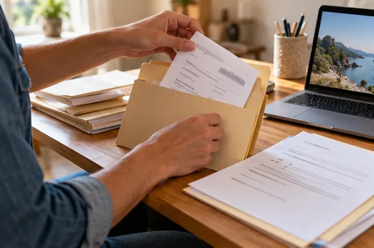 A person files a printed track record in a folder beside a laptop showing travel footage.