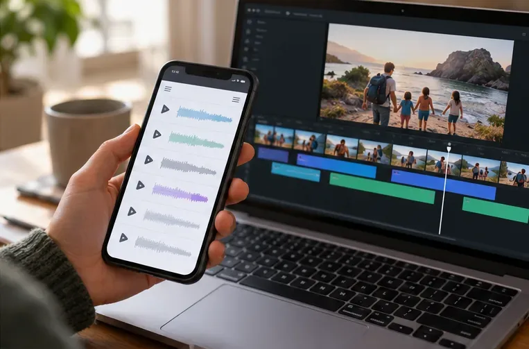 A phone displays a music track list beside a laptop showing a family video timeline.