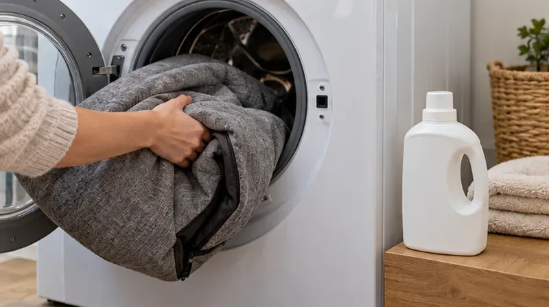 A gray pet-bed cover is being placed into a front-loading washing machine beside a plain white detergent bottle
