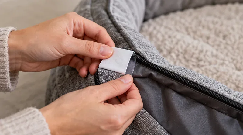Hands pull out a small sewn care tag beside the zipper on a gray pet-bed cover