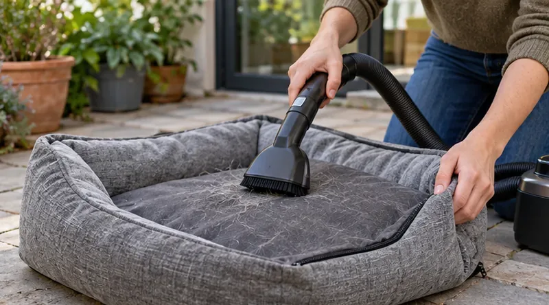 A person uses a vacuum attachment to lift loose pet hair from the inside of a gray pet bed