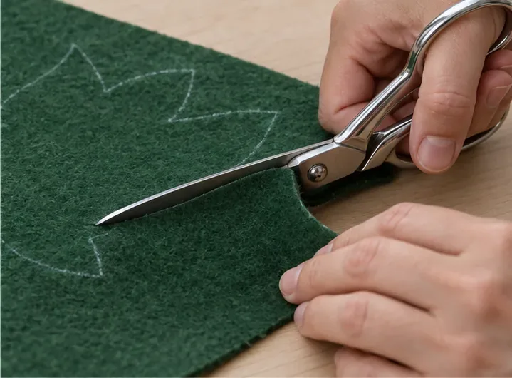 Sharp fabric shears cut along a chalk outline on green felt, with the lower blade resting on a wooden table.