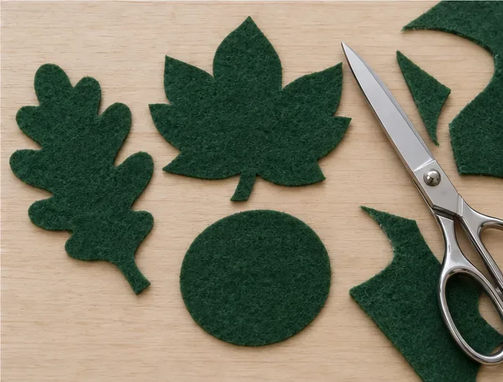 Several finished green felt leaf and circle shapes lie on a pale work surface beside scissors and felt scraps.