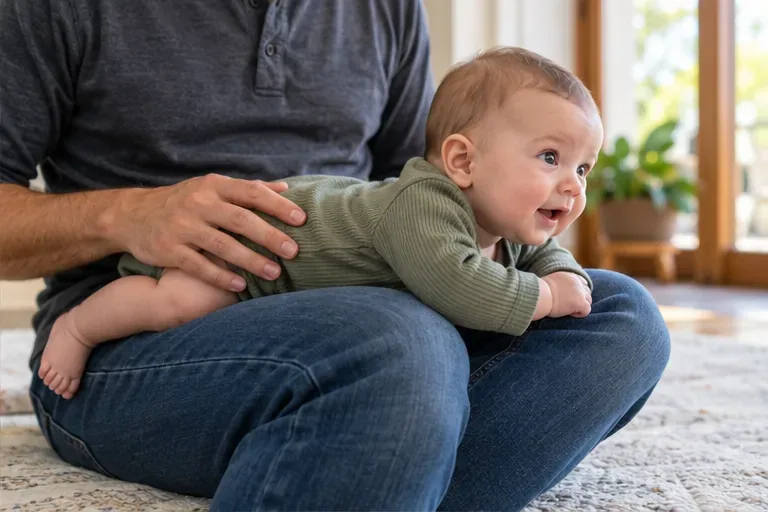 An awake baby lies tummy-down across a seated caregiver’s thighs, with the caregiver’s hand supporting the baby.