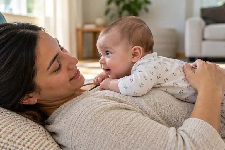 An awake baby practices tummy time on a fully awake caregiver’s chest as they look at each other.