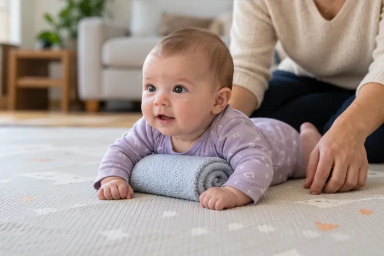 An awake baby lies on a firm play mat with a small rolled towel under the upper chest while an adult supervises nearby.