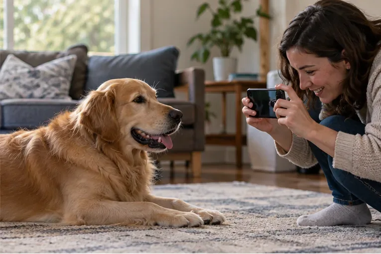 A person crouches at a relaxed golden dog’s eye level and records with a smartphone in a softly lit living room.