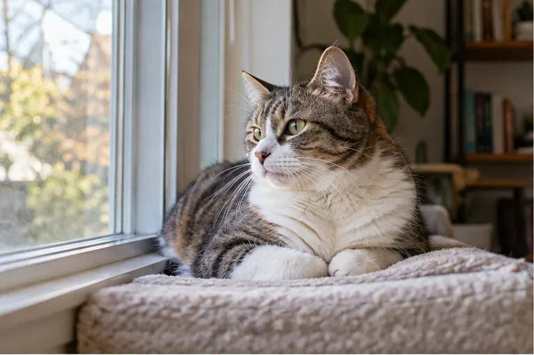 A tabby cat resting on a blanket beside a bright window, with soft daylight falling across its face.