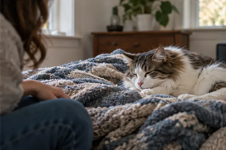 A relaxed cat rests on a familiar blanket while a person keeps the camera lowered and gives it space.