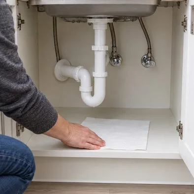 A dry paper towel is placed on the cabinet floor below visible sink plumbing