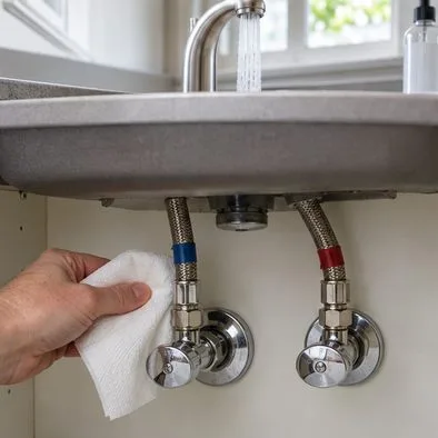 Water runs from a kitchen faucet while the supply area below the sink is inspected