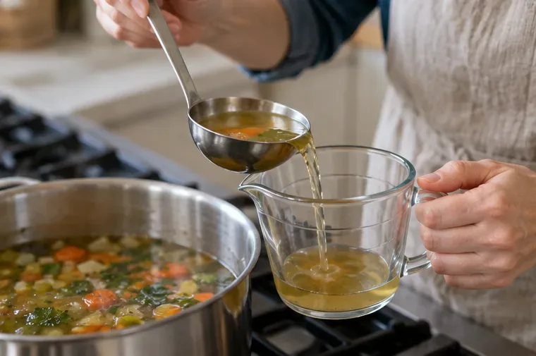Uma concha retira um pouco de caldo salgado de uma panela para um copo medidor de vidro.