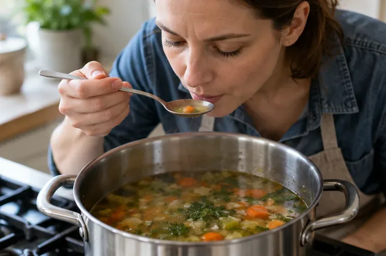 O cozinheiro prova uma colherada de sopa de legumes antes de fazer qualquer outro ajuste.