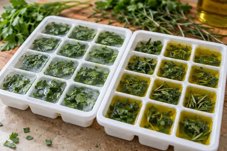 Two ice cube trays filled with chopped green herbs, one with water and one with golden cooking oil.