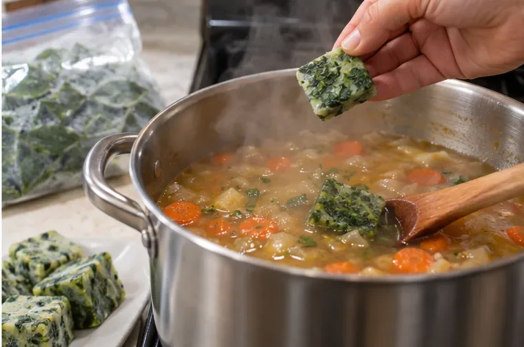 A hand adding a frozen herb cube to a steaming pot of vegetable soup, with extra herb cubes nearby.