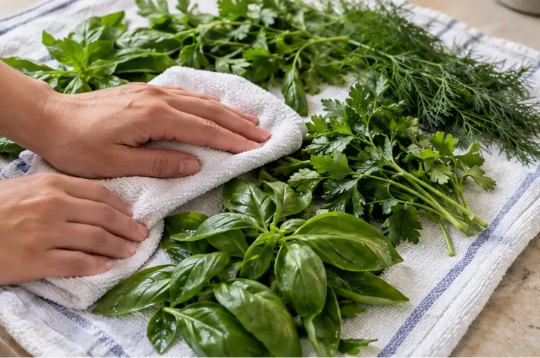 Fresh basil, parsley, dill, and rosemary being gently patted dry on a clean kitchen towel before freezing.