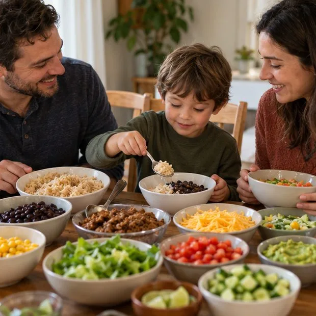 A child chooses rice at a family dinner with shared bowls of beans, vegetables, and other taco-bowl ingredients.