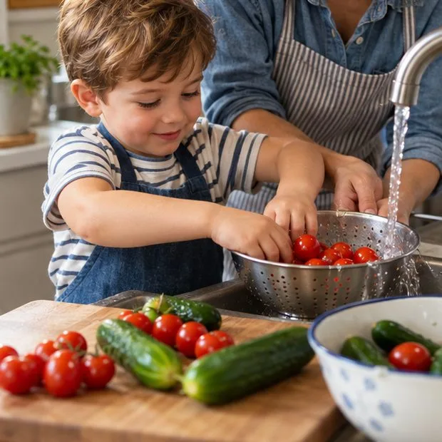 A young child helps an adult wash cherry tomatoes in a colander at the kitchen sink.