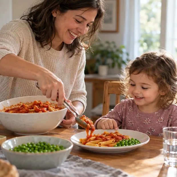 A parent serves pasta while a preschooler sits with pasta and peas at the family table.