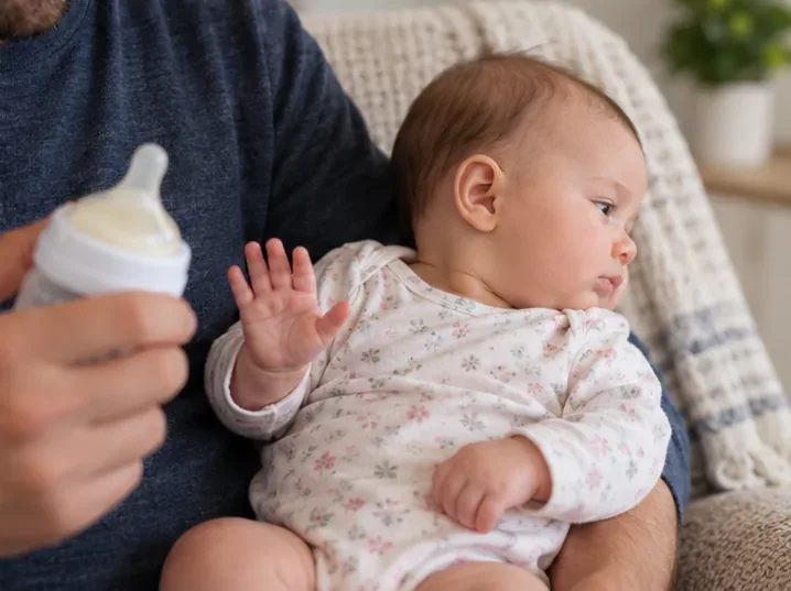A baby turning the head away and raising a hand while a caregiver pauses with the bottle nearby.