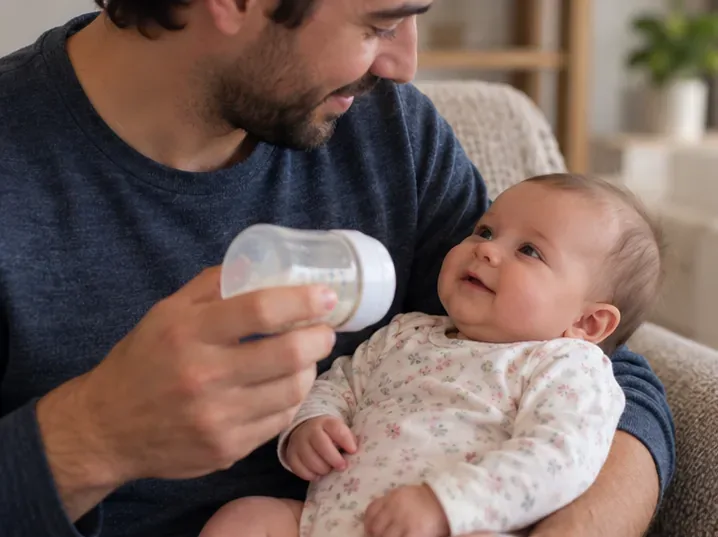 A caregiver holding a calm breastfed baby and offering a bottle without pushing the nipple into the baby’s mouth.