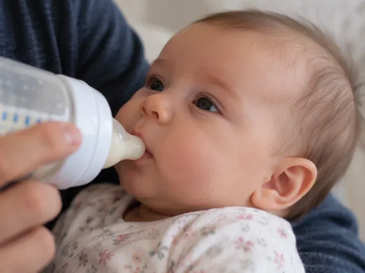 Close-up of a baby gently taking a bottle nipple while being held upright by a caregiver.