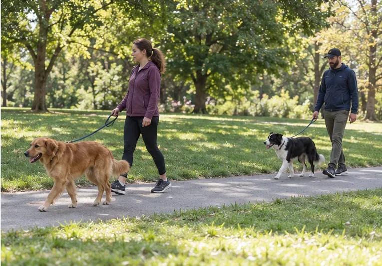Dos adultos pasean a dos perros en la misma dirección por un sendero del parque, dejando espacio entre cada pareja.