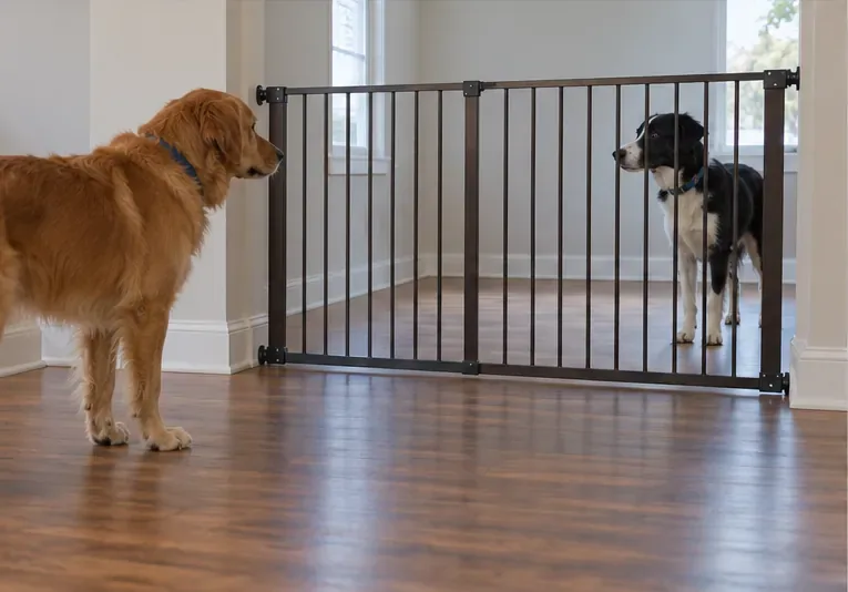 Dos perros se observan mutuamente desde varios metros de distancia, a través de una puerta de seguridad en el interior de una habitación vacía.