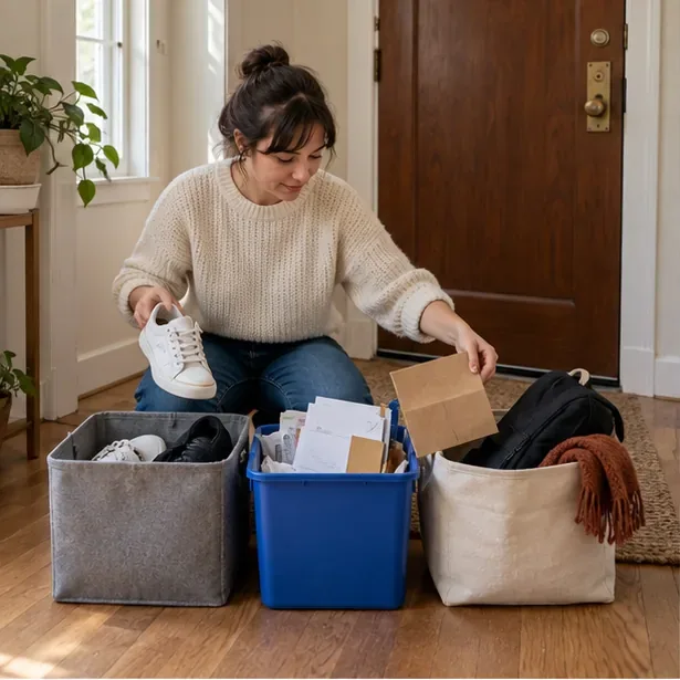 A resident sorts shoes, mail, and a bag beside an apartment door into separate containers.