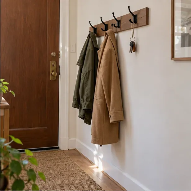 Two coats and a key ring hang from a slim wall-mounted hook rail beside a clear apartment doorway.