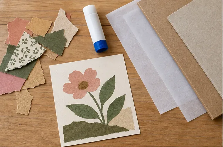 A glue stick, paper collage, release sheets, and flat boards arranged on a clean craft table before gluing.
