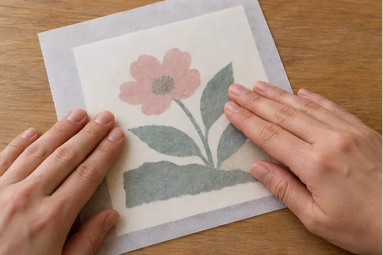 Hands gently smooth a glued paper collage through a clean translucent protective sheet.