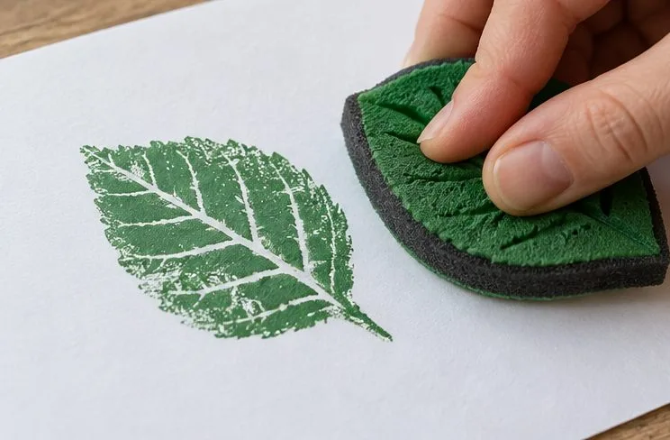 A hand pressing a foam leaf stamp with a light coating of green paint onto white paper.