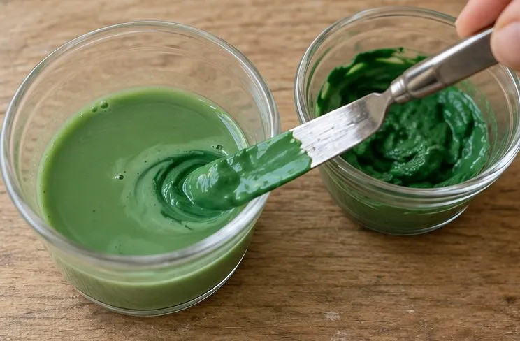 A palette knife folding thicker green paint into a cup of thinner green paint.