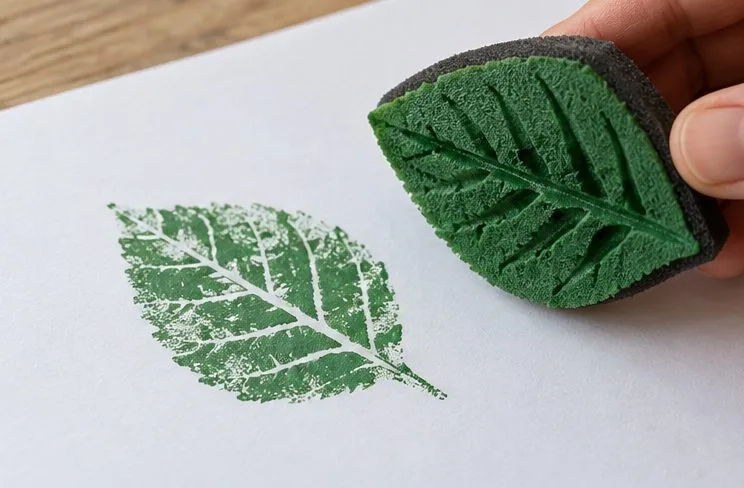 A foam leaf stamp lifted above a crisp green leaf impression on white paper.