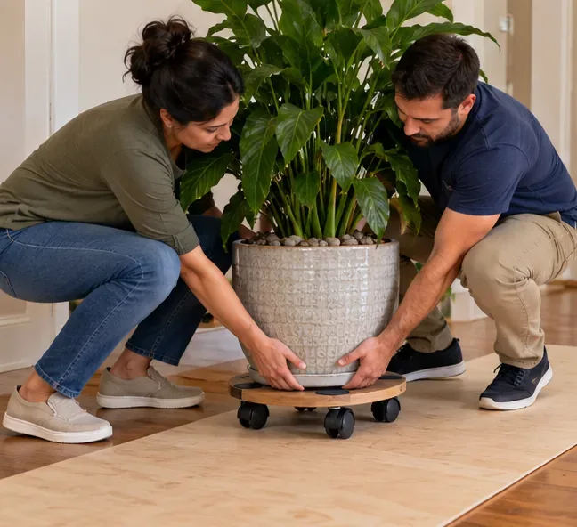 Two adults using a coordinated squat to place a large ceramic planter onto a low wheeled plant dolly on top of plywood