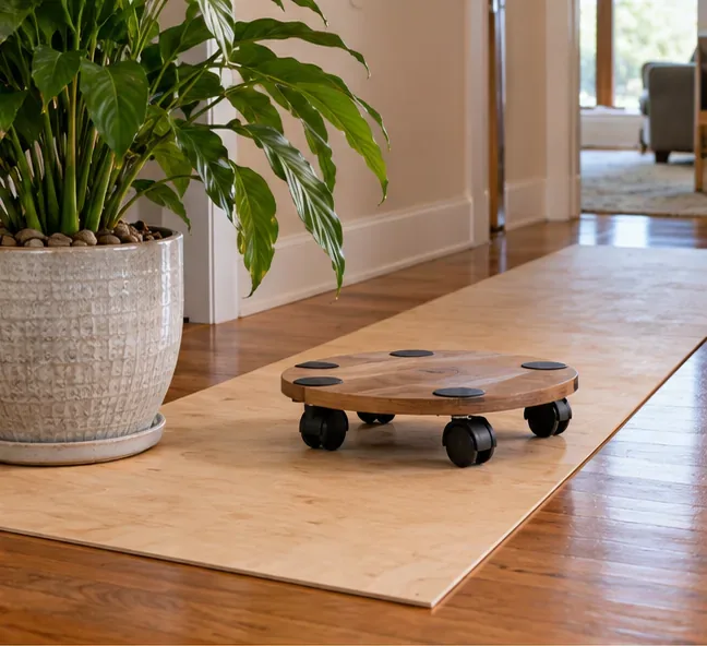 A low wooden plant dolly with four casters positioned on a clean plywood sheet laid over hardwood flooring beside a large planter