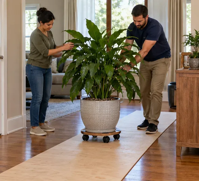 Two adults slowly guiding a large leafy houseplant on a wheeled dolly along a plywood-protected path across hardwood flooring