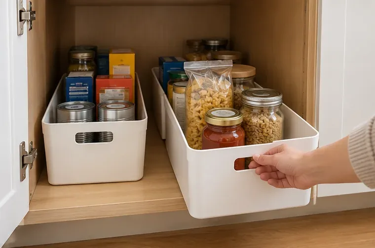 Two handled bins in a deep cabinet, with one bin pulled forward so items from the back can be reached.