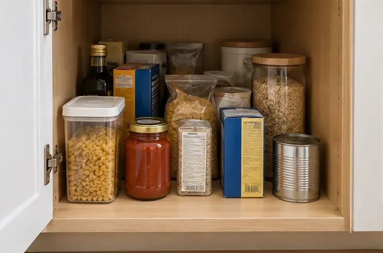 A deep kitchen cabinet with pantry jars, boxes, and cans arranged in front and back rows before reorganizing.